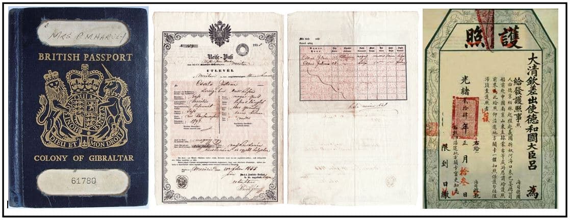 Old travel documents alongside a modern biometric e-passport